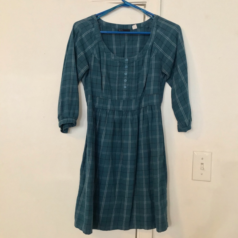 Turquoise 3/4 sleeve plaid dress
